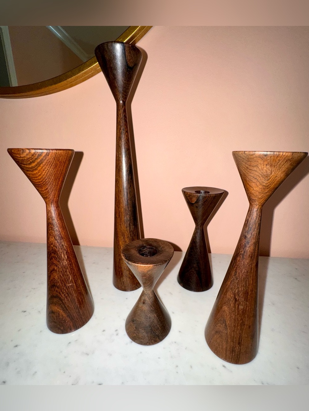 Set of 5 MCM Wooden Tulip Candlestick Holders, Warm Rosewood. Scandi Design